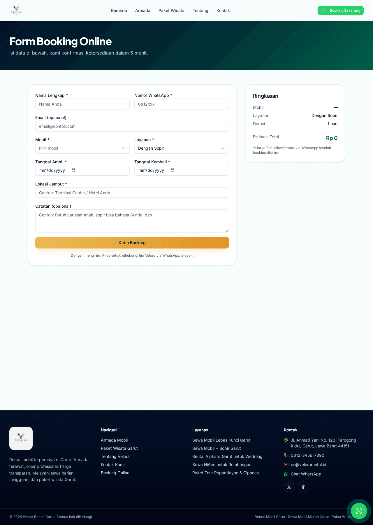 Halaman booking Velora
